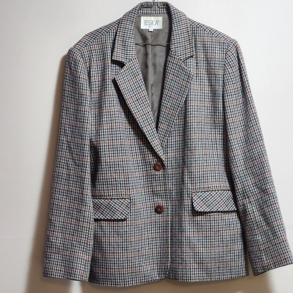 Vintage Jessica sports houndstooth plaid wool blend blazer color brown size L/XL